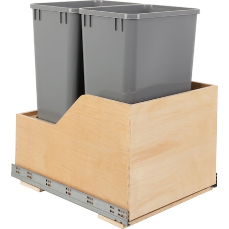 Hardware Resources Dbl 50 Quart Wood Bottom-Mount Soft-Close Trashcan Rollout For Hinged Doors, Includes 2 Grey Cans CAN-WBMD5018G